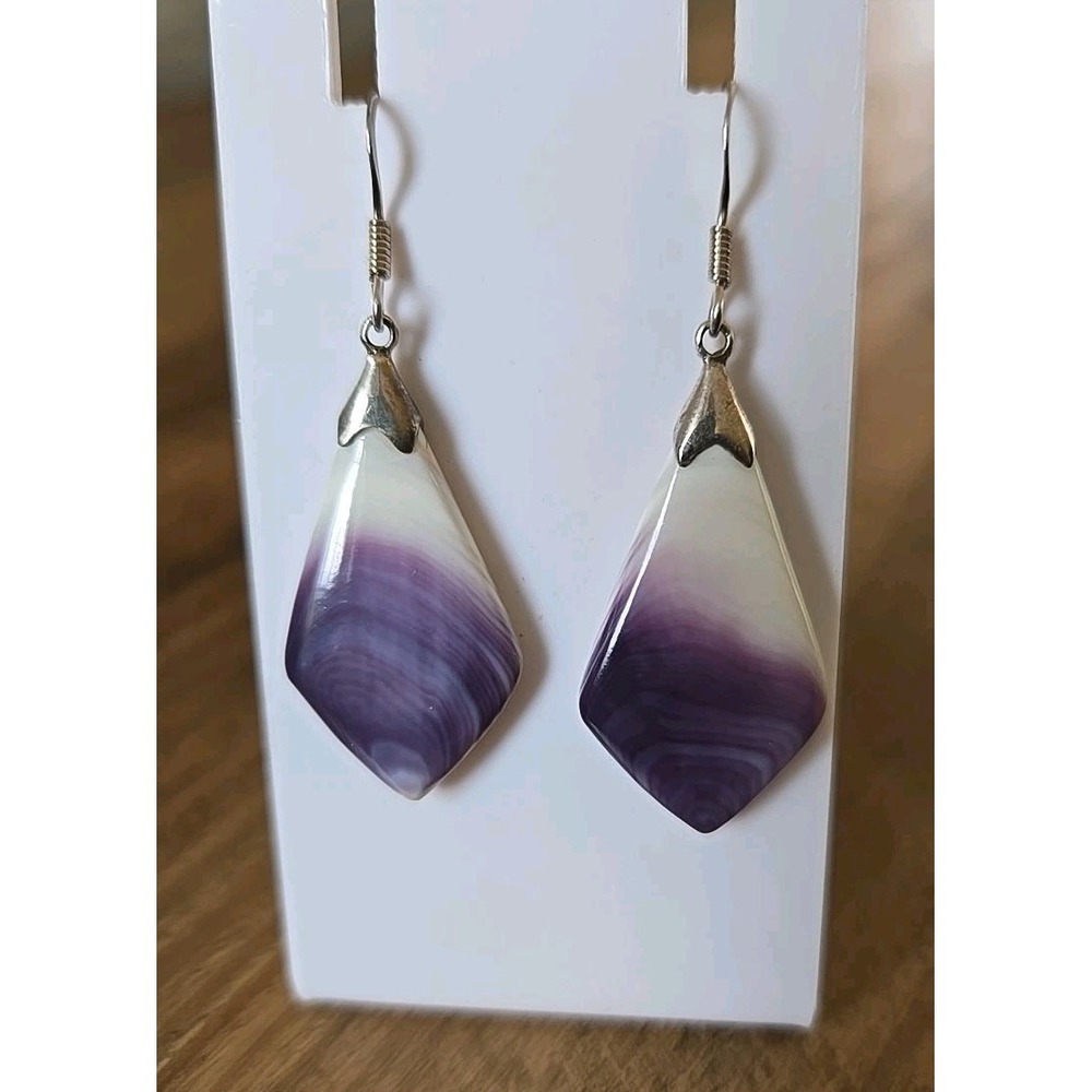 VTG RF Thailand Wampum Shell Diamond Shape Drop Hook Earrings 925 Sterling